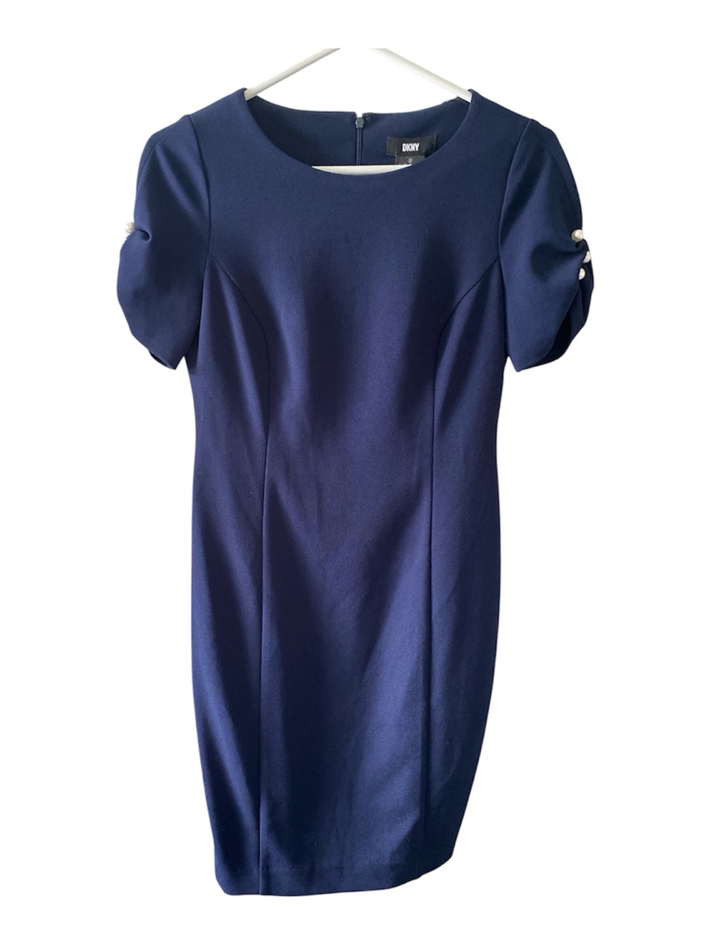 DKNY Navy Puff-Sleeve Midi Sheath Dress